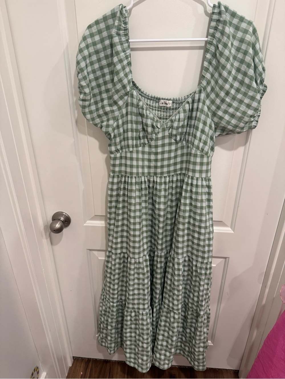 In Bloom Sage Green Gingham Puff-Sleeve Maxi Dress